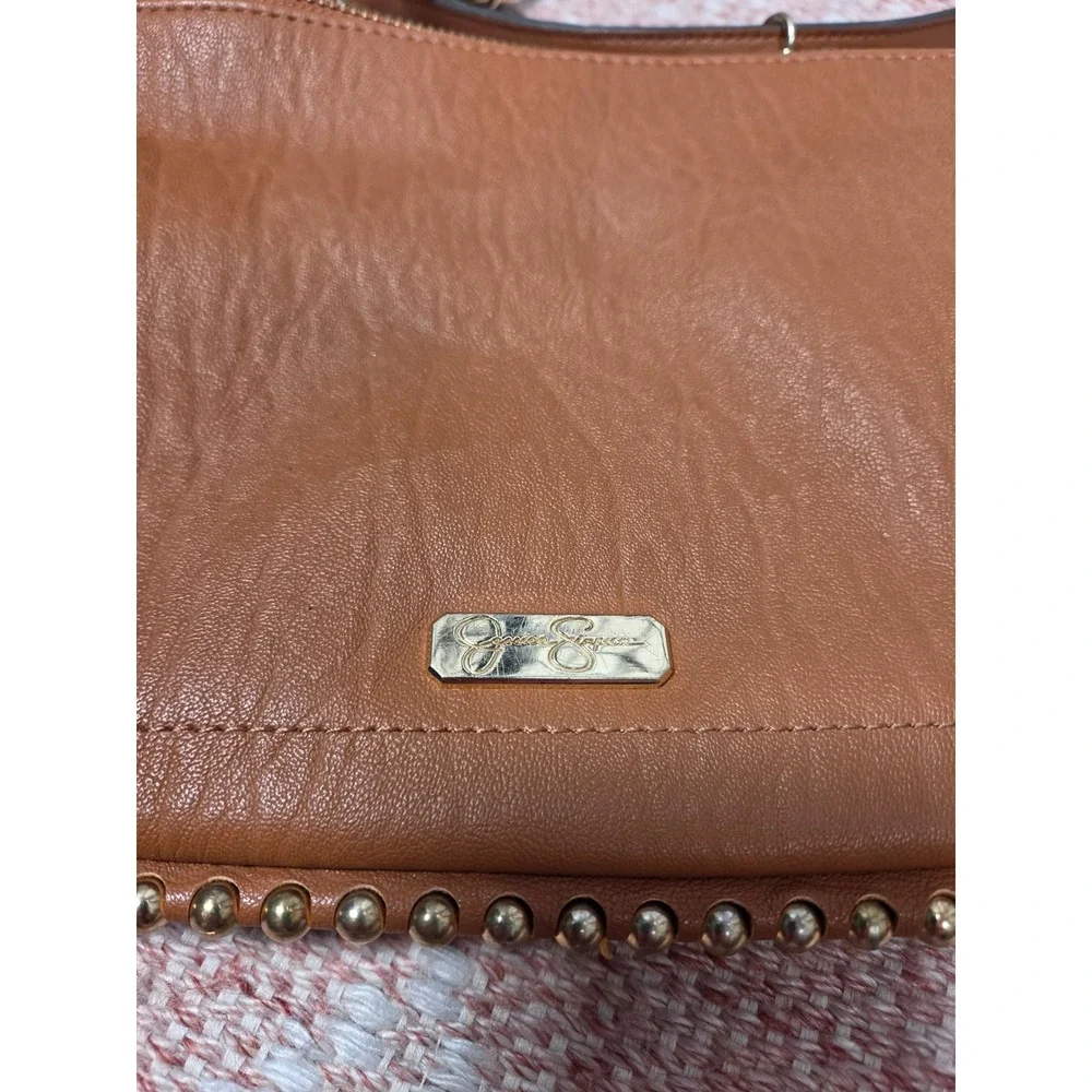 Jessica Simpson Cognac Brown Studded Triple Zip Crossbody Bag Gold Hardware
